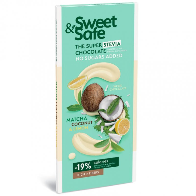 Sweet&safe fehér tejcsoki stevia-matcha-kókusz-citrom 90 g