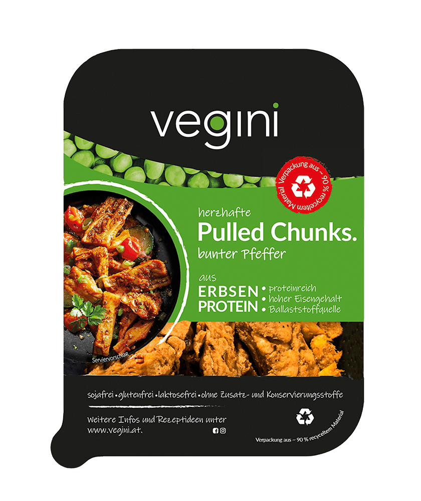 Vegini pulled chunks paradicsomos-bazsalikomos félkész étel 140 g