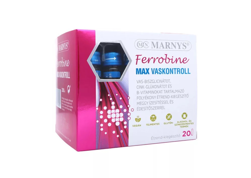 Marnys ferrobine max vaskontroll vas-biszglicináttal meggyízű ivóampulla édesítőszerrel 20x10ml