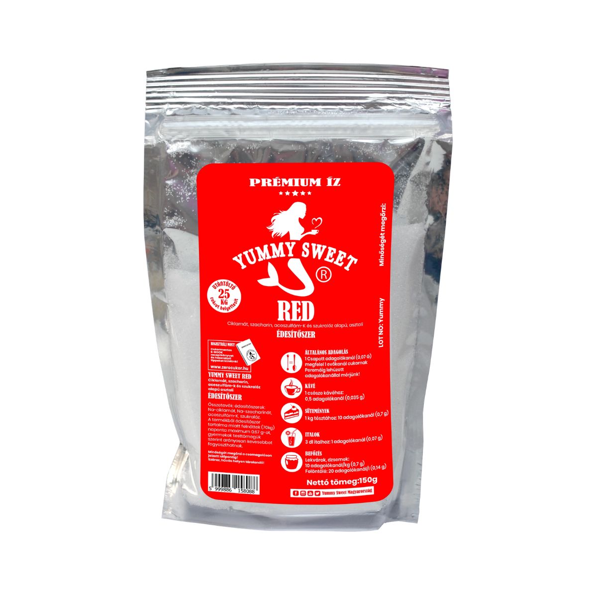 Yummy Sweet Red édesítőszer utántöltő csomag (25 kg cukor kiváltása) - Aszpartám mente - 150g